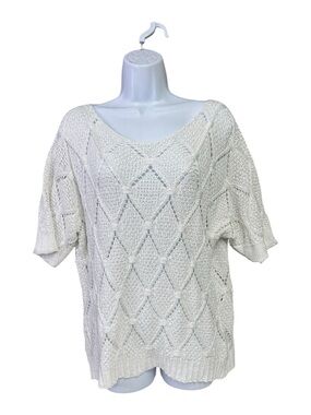 Collezioni Leonardo Open Knit Short Sleeve Top - Cream size small white/silver